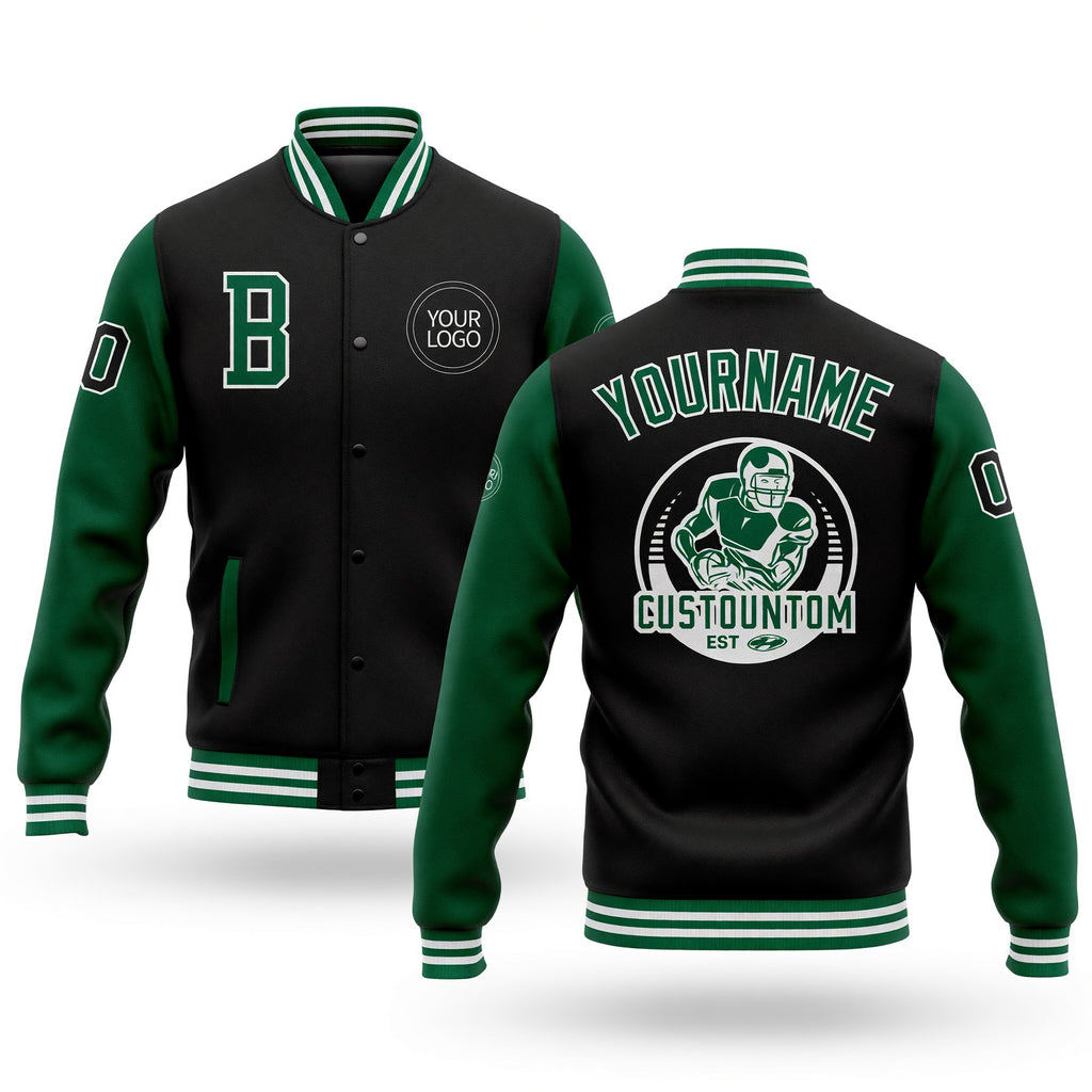 Custom Black Kelly Green-White Bomber Full-Snap Varsity Letterman Two Tone Jacket