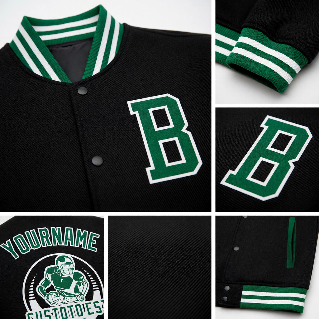 Custom Black Kelly Green-White Bomber Full-Snap Varsity Letterman Two Tone Jacket detail