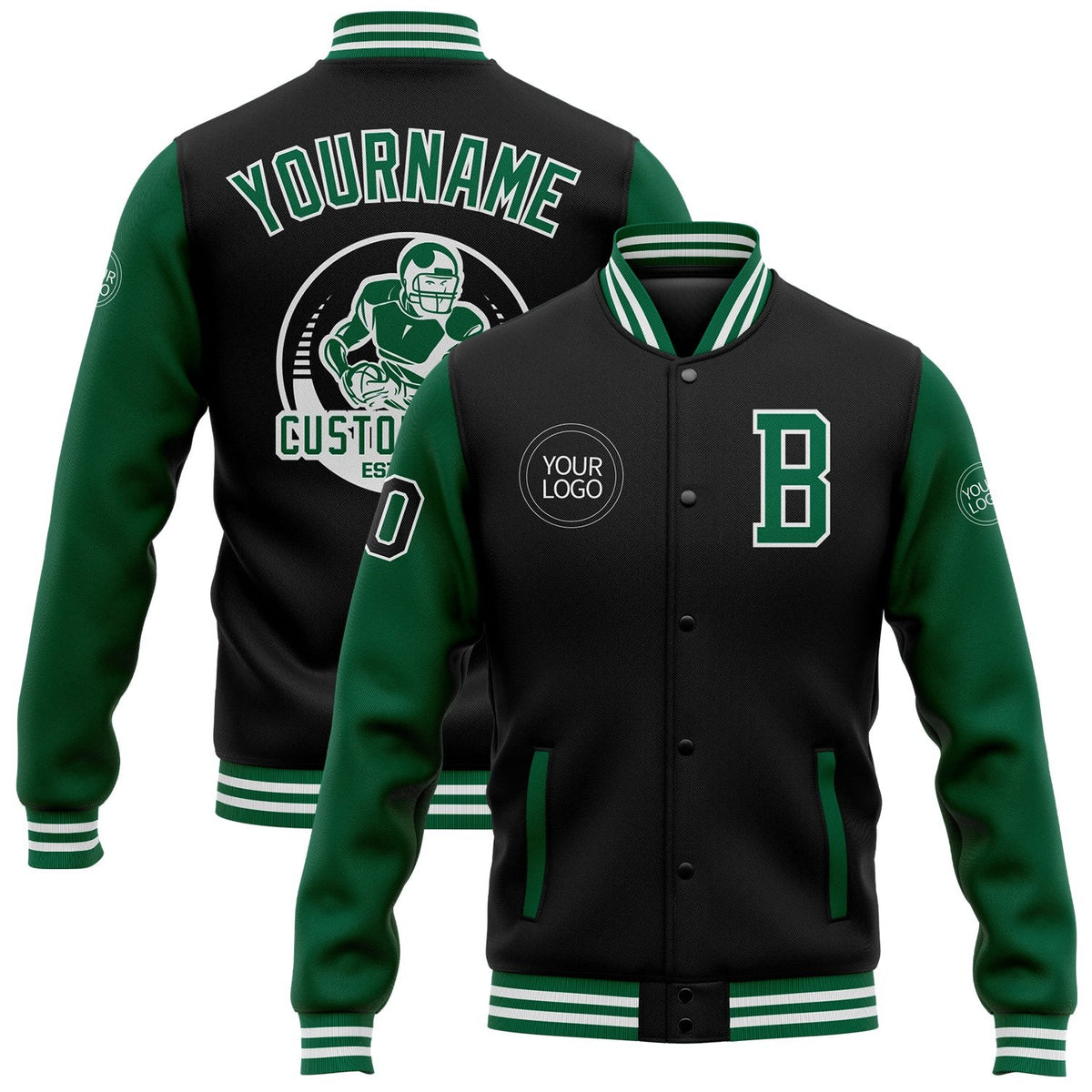 Custom Black Kelly Green-White Bomber Full-Snap Varsity Letterman Two Tone Jacket photo 1