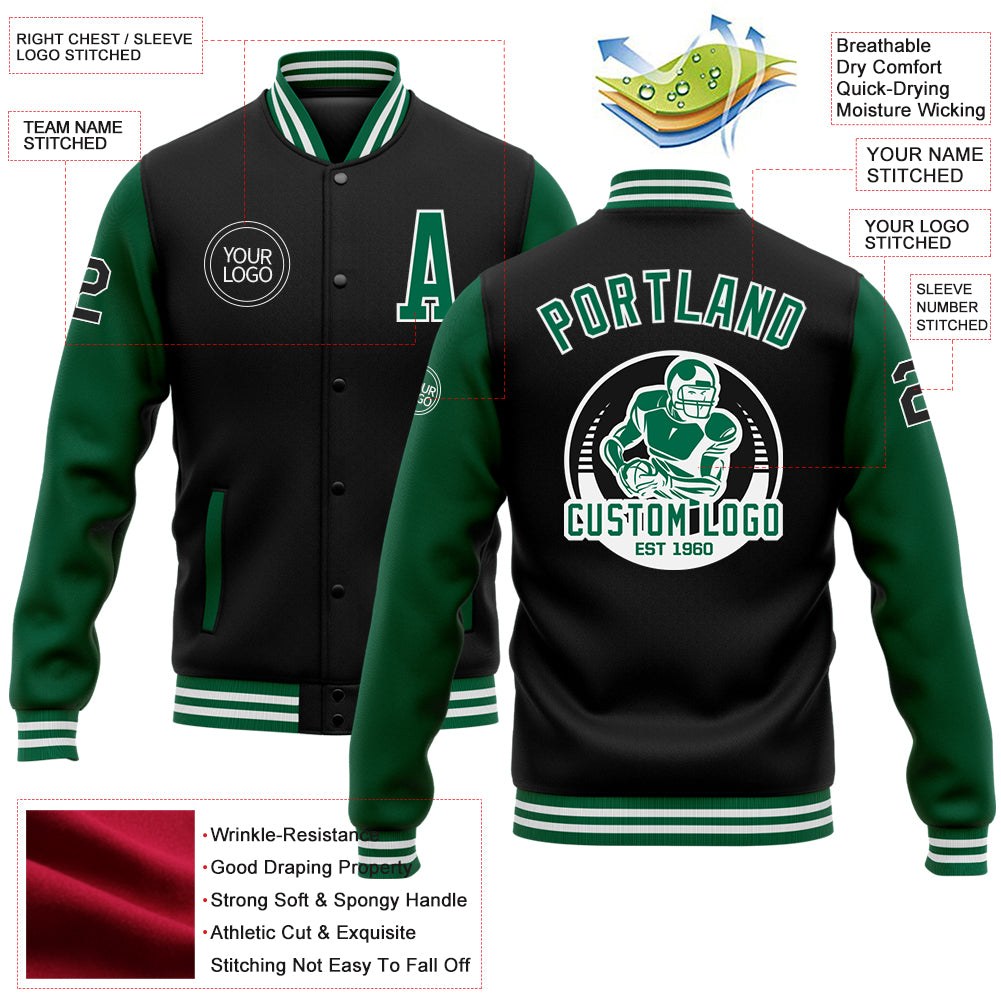 Custom Black Kelly Green-White Bomber Full-Snap Varsity Letterman Two Tone Jacket photo 5