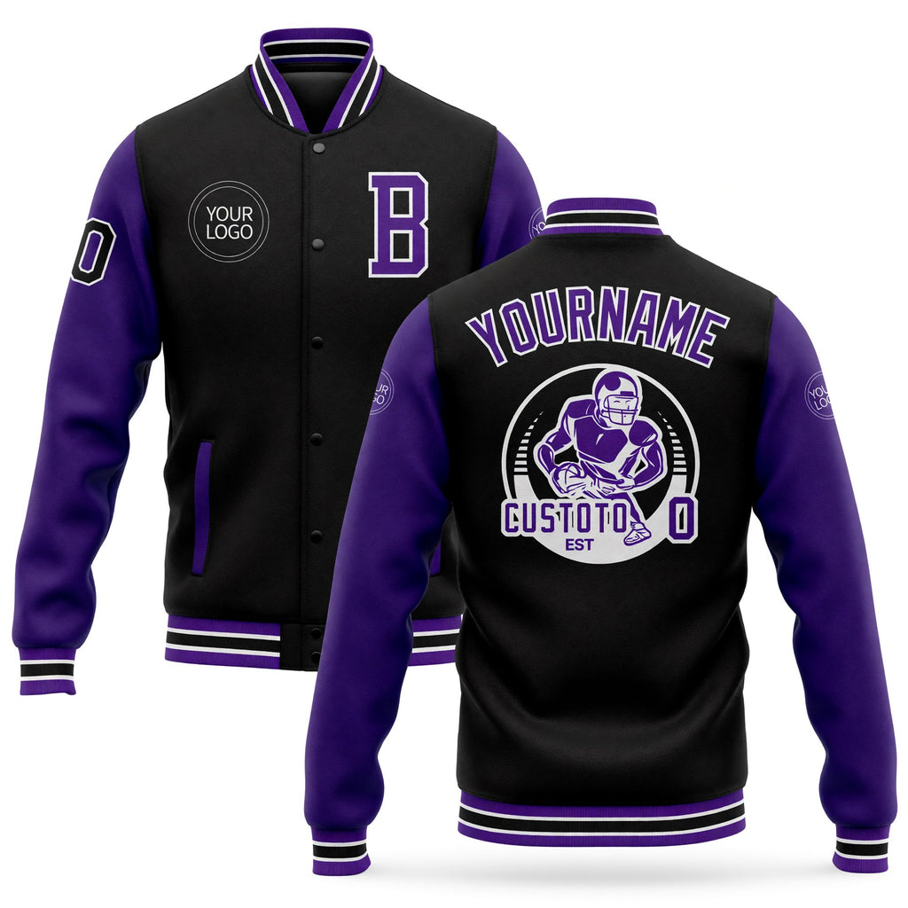 Custom Black Purple-White Bomber Full-Snap Varsity Letterman Two Tone Jacket