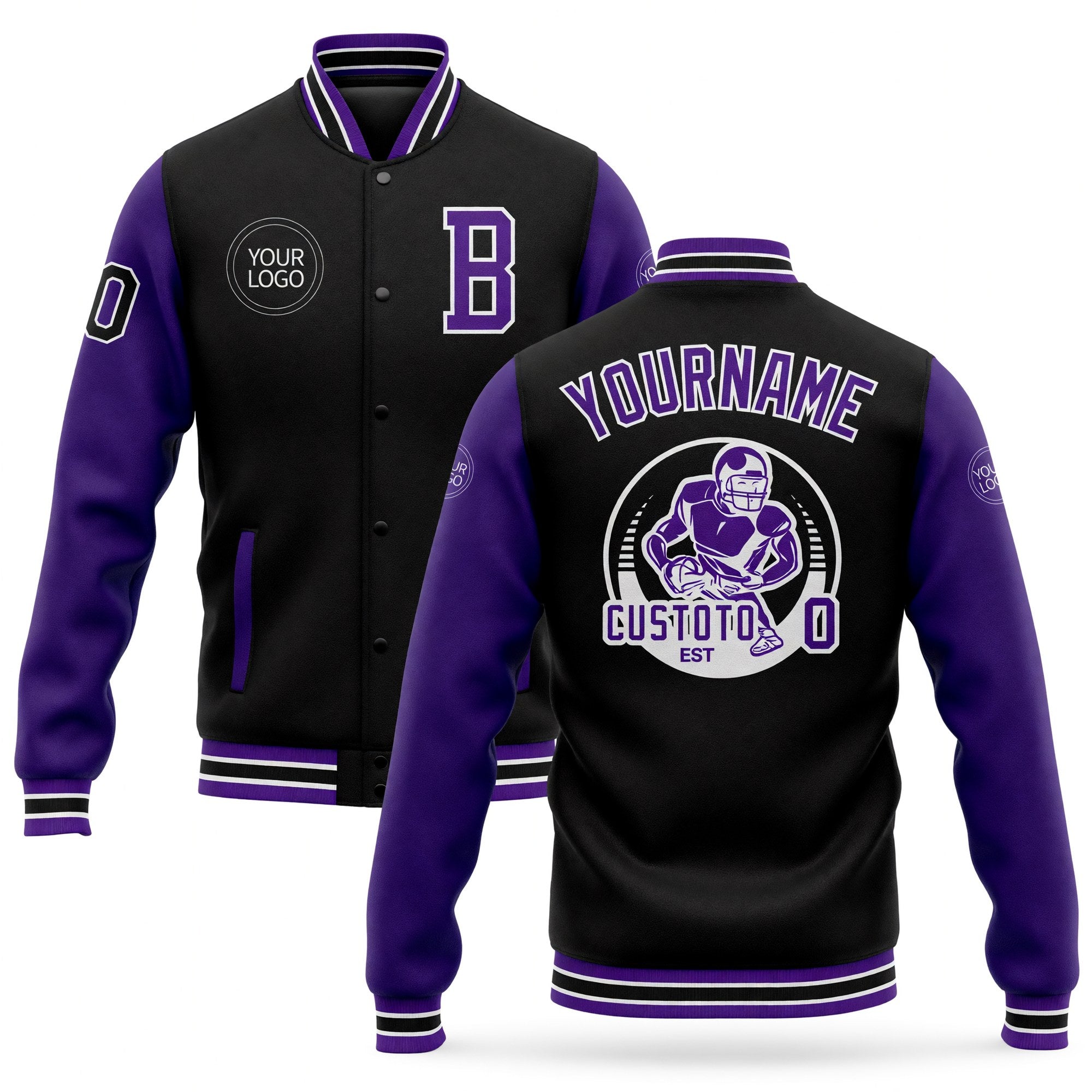 Custom Black Purple-White Bomber Full-Snap Varsity Letterman Two Tone Jacket