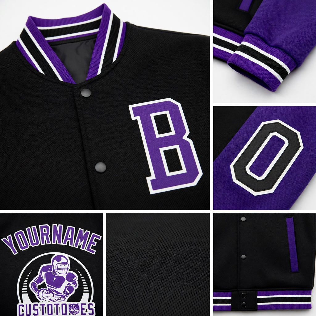 Custom Black Purple-White Bomber Full-Snap Varsity Letterman Two Tone Jacket detail
