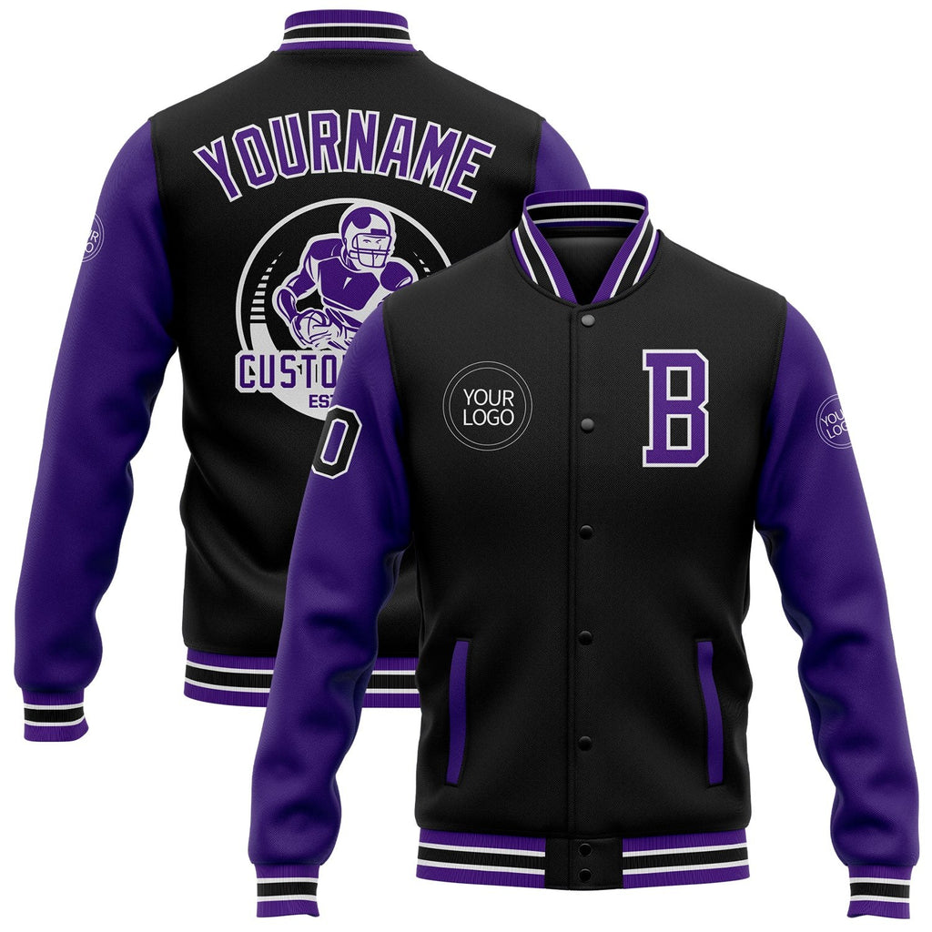 Custom Black Purple-White Bomber Full-Snap Varsity Letterman Two Tone Jacket photo 1