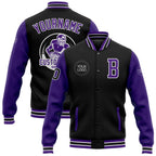 Custom Black Purple-White Bomber Full-Snap Varsity Letterman Two Tone Jacket photo 1