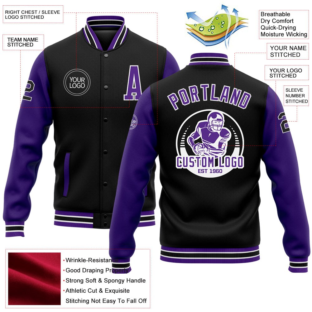 Custom Black Purple-White Bomber Full-Snap Varsity Letterman Two Tone Jacket photo 5