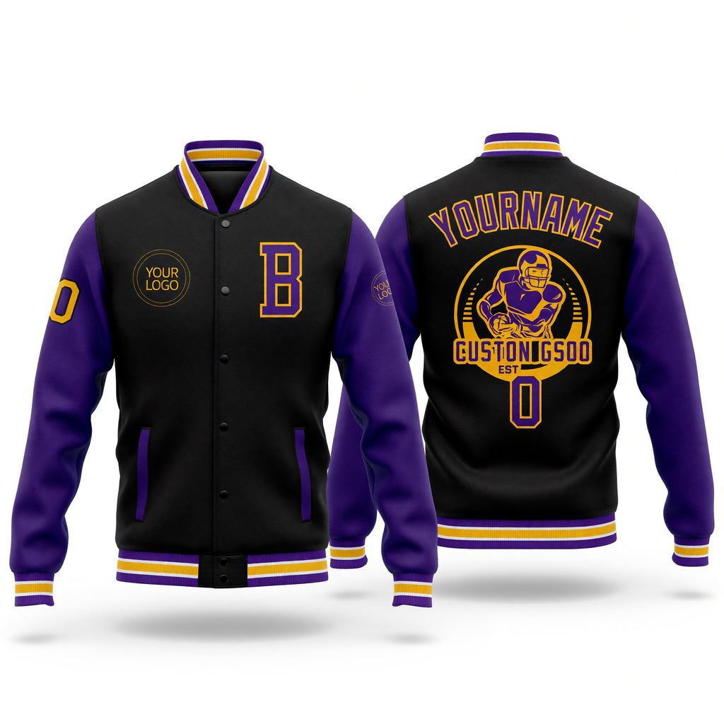 Custom Black Purple-Gold Bomber Full-Snap Varsity Letterman Two Tone Jacket