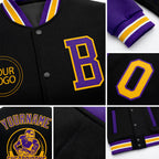Custom Black Purple-Gold Bomber Full-Snap Varsity Letterman Two Tone Jacket detail