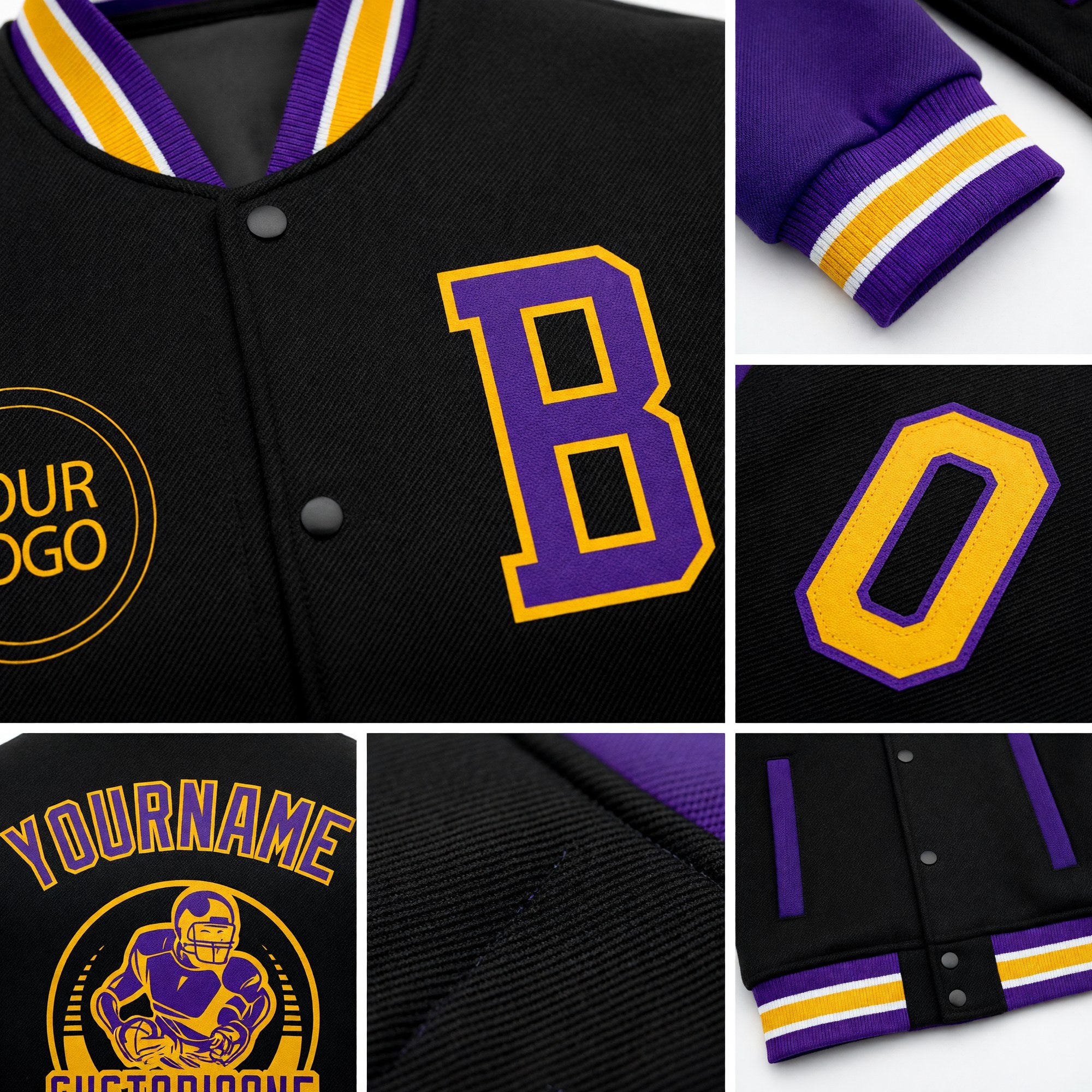 Custom Black Purple-Gold Bomber Full-Snap Varsity Letterman Two Tone Jacket detail