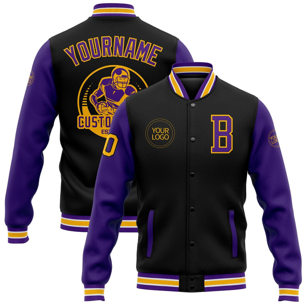 Custom Black Purple-Gold Bomber Full-Snap Varsity Letterman Two Tone Jacket photo 1