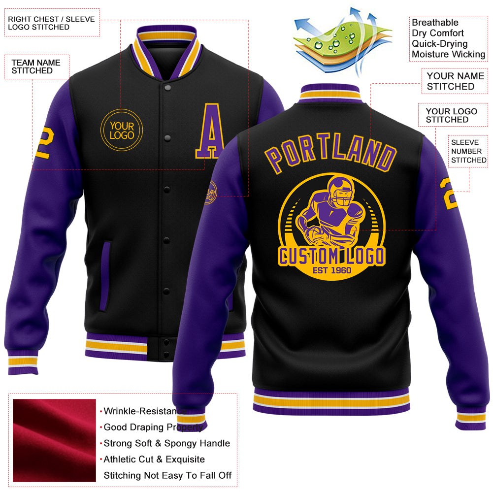 Custom Black Purple-Gold Bomber Full-Snap Varsity Letterman Two Tone Jacket photo 5