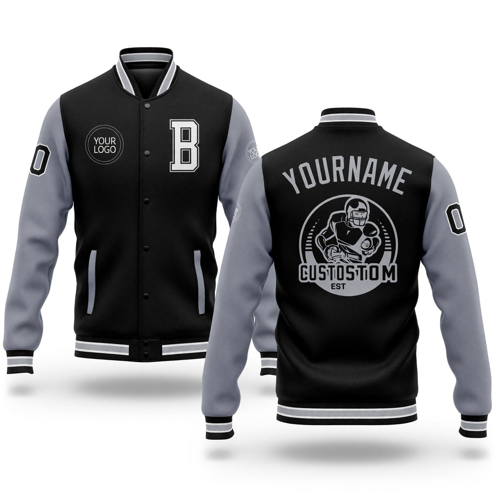 Custom Black White-Gray Bomber Full-Snap Varsity Letterman Two Tone Jacket