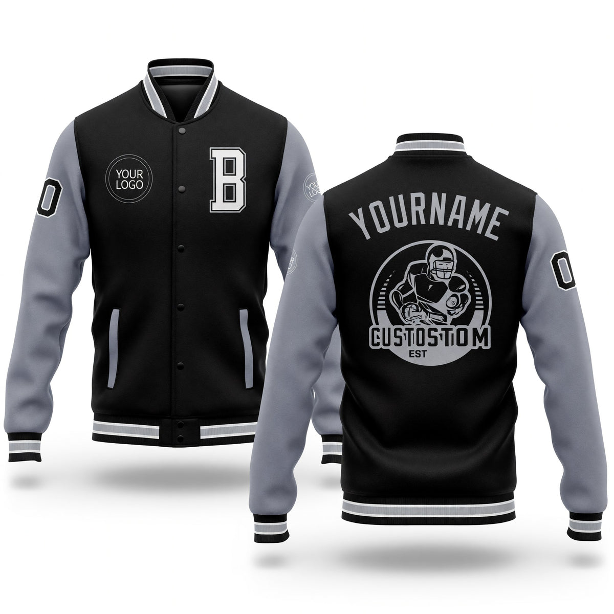 Custom Black White-Gray Bomber Full-Snap Varsity Letterman Two Tone Jacket