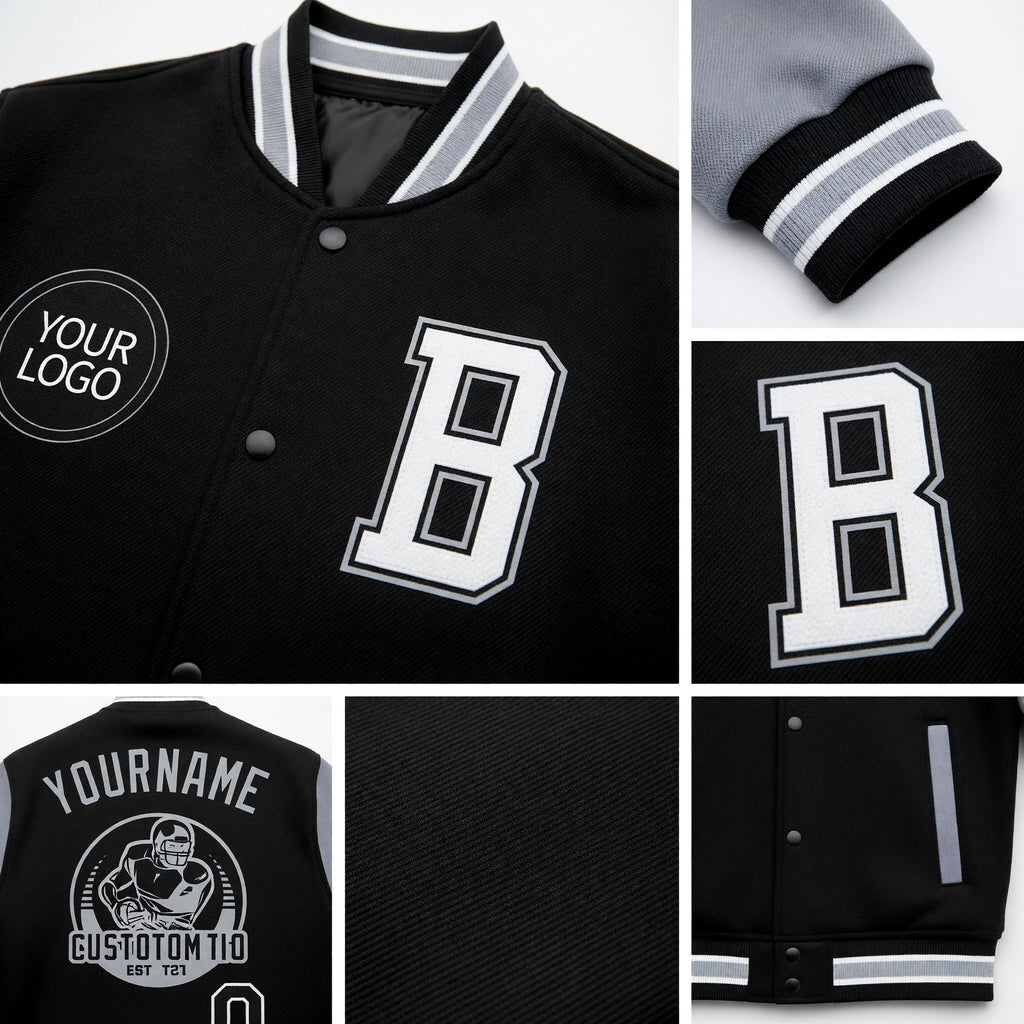 Custom Black White-Gray Bomber Full-Snap Varsity Letterman Two Tone Jacket detail