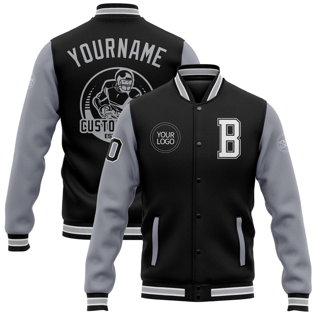 Custom Black White-Gray Bomber Full-Snap Varsity Letterman Two Tone Jacket photo 1