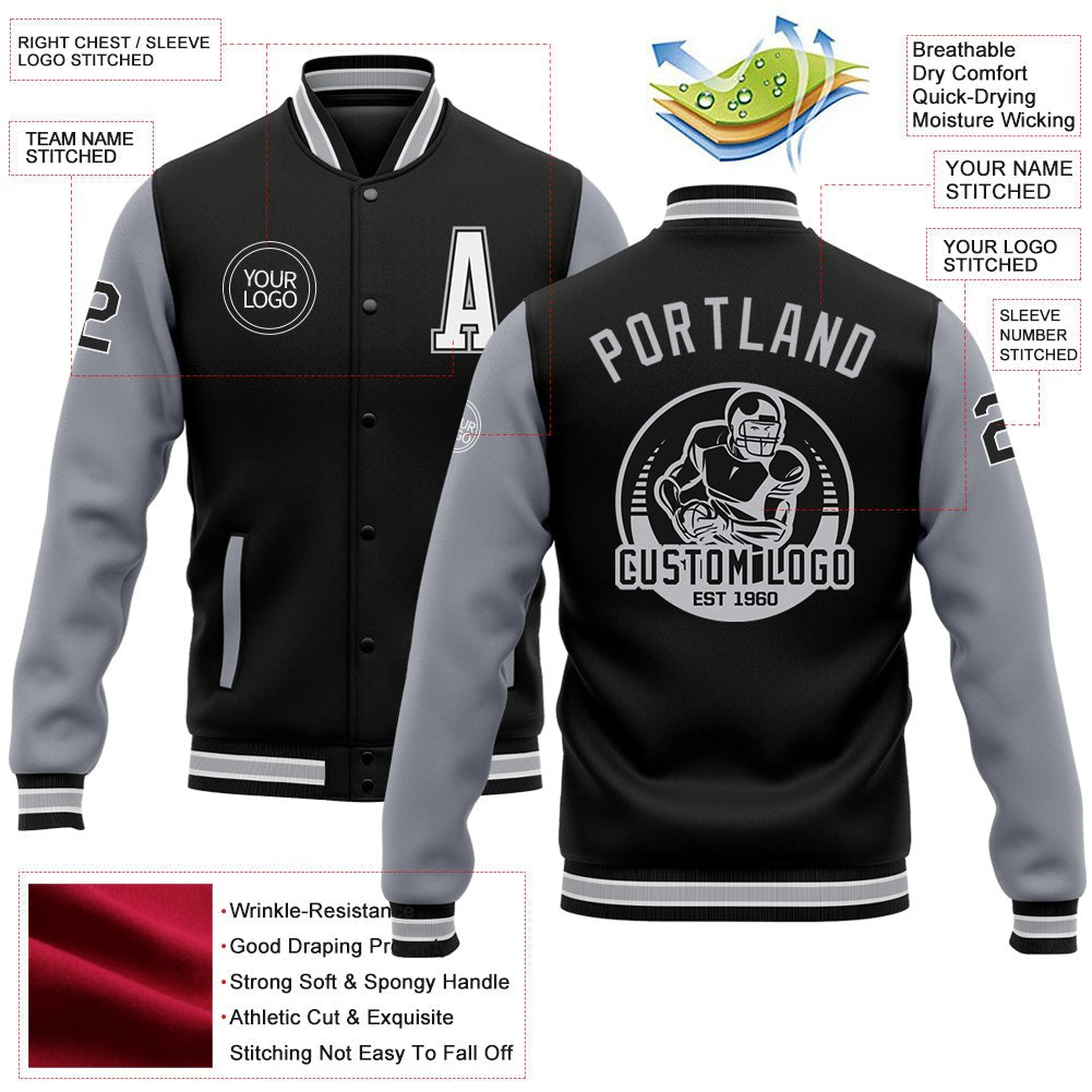 Custom Black White-Gray Bomber Full-Snap Varsity Letterman Two Tone Jacket photo 5