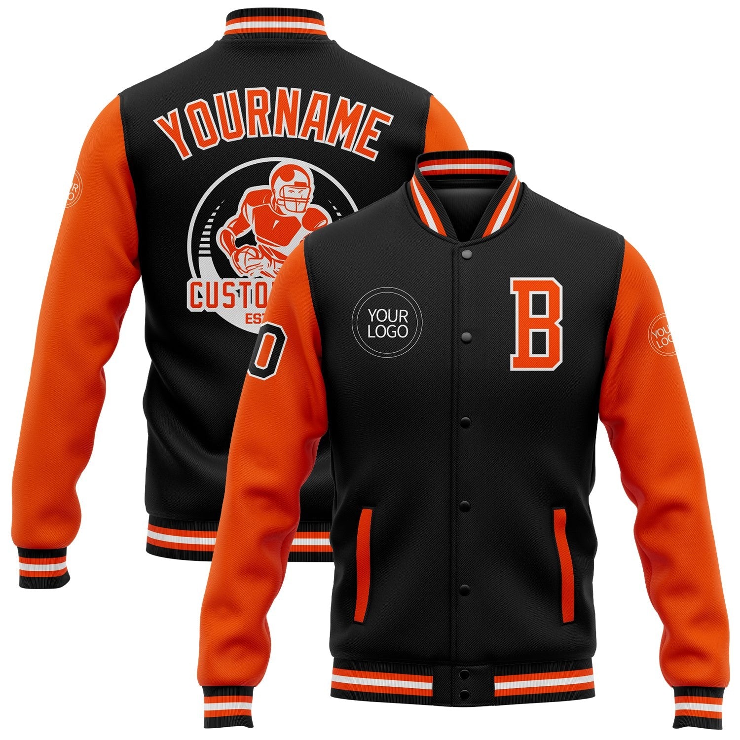 Custom Black Orange-White Bomber Full-Snap Varsity Letterman Two Tone Jacket photo 1