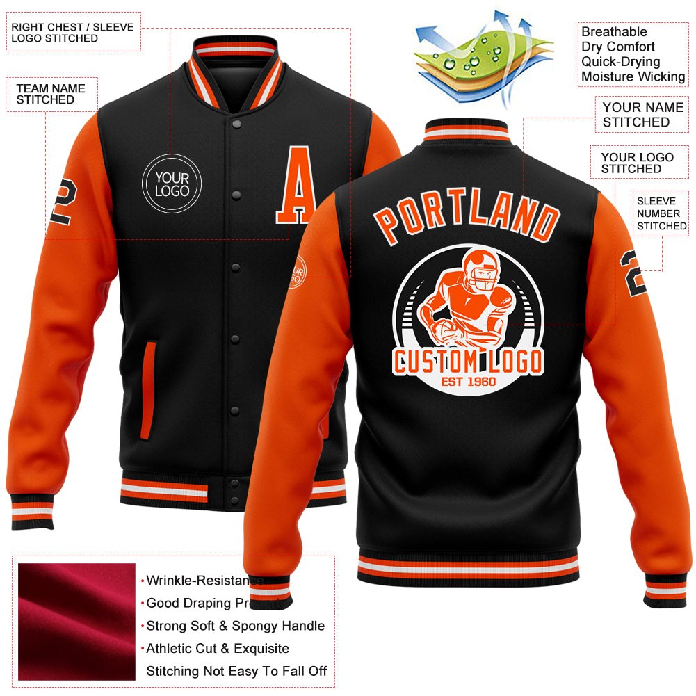 Custom Black Orange-White Bomber Full-Snap Varsity Letterman Two Tone Jacket photo 5