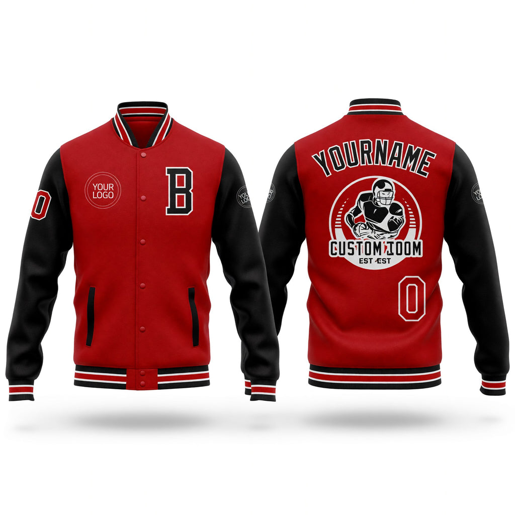 Custom Red Black-White Bomber Full-Snap Varsity Letterman Two Tone Jacket