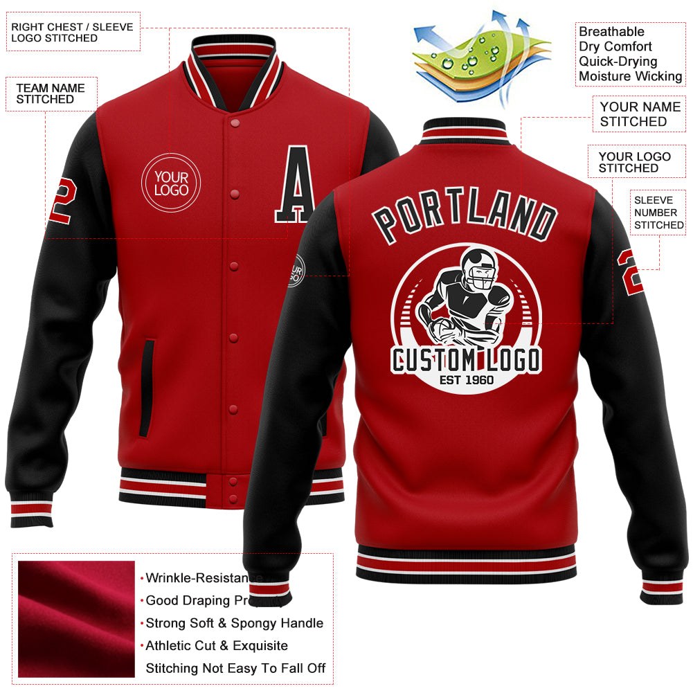 Custom Red Black-White Bomber Full-Snap Varsity Letterman Two Tone Jacket photo 5