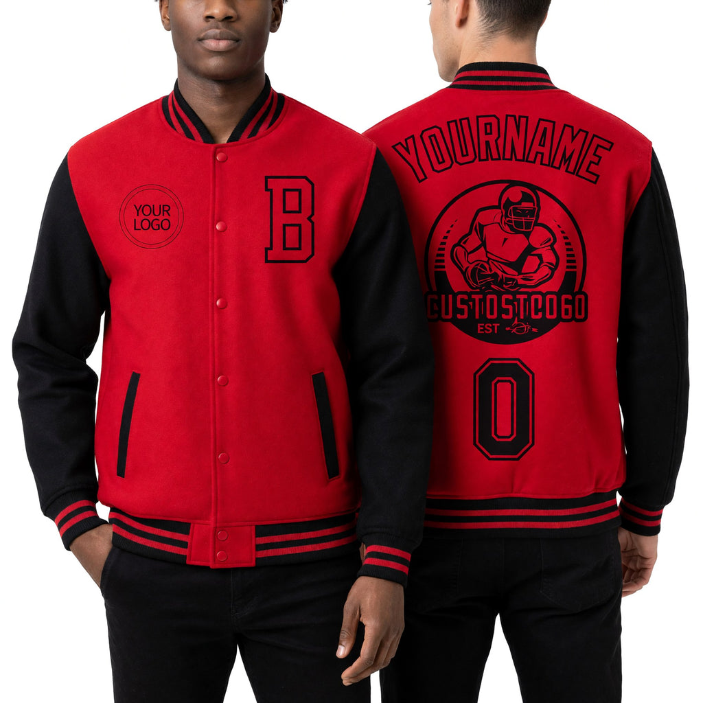 Custom Red Black Bomber Full-Snap Varsity Letterman Two Tone Jacket worn front and back