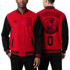 Custom Red Black Bomber Full-Snap Varsity Letterman Two Tone Jacket worn front and back