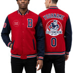 Custom Red Navy-White Bomber Full-Snap Varsity Letterman Two Tone Jacket worn front and back
