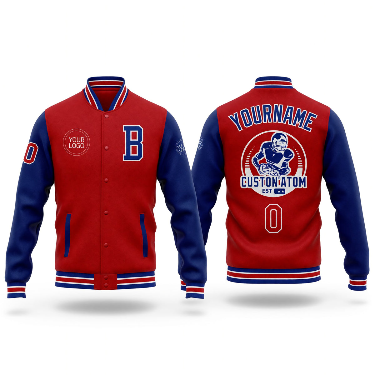Custom Red Royal-White Bomber Full-Snap Varsity Letterman Two Tone Jacket