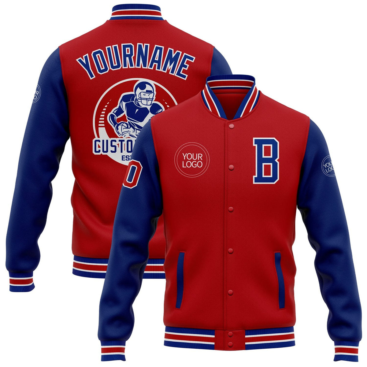 Custom Red Royal-White Bomber Full-Snap Varsity Letterman Two Tone Jacket photo 1