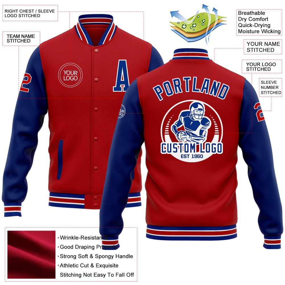 Custom Red Royal-White Bomber Full-Snap Varsity Letterman Two Tone Jacket photo 5