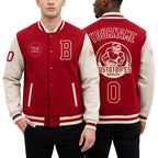 Custom Red Cream Bomber Full-Snap Varsity Letterman Two Tone Jacket worn front and back