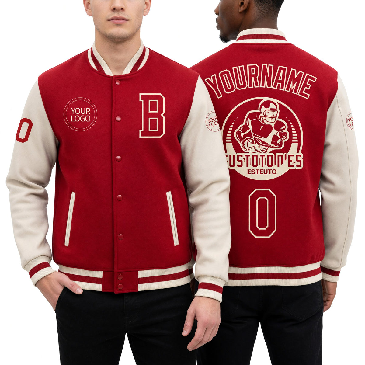 Custom Red Cream Bomber Full-Snap Varsity Letterman Two Tone Jacket worn front and back