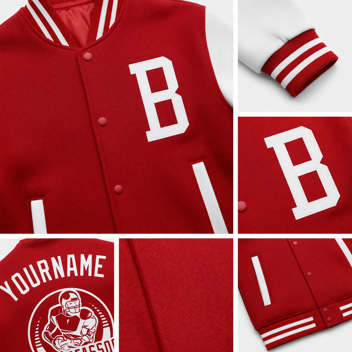 Custom Red White Bomber Full-Snap Varsity Letterman Two Tone Jacket detail