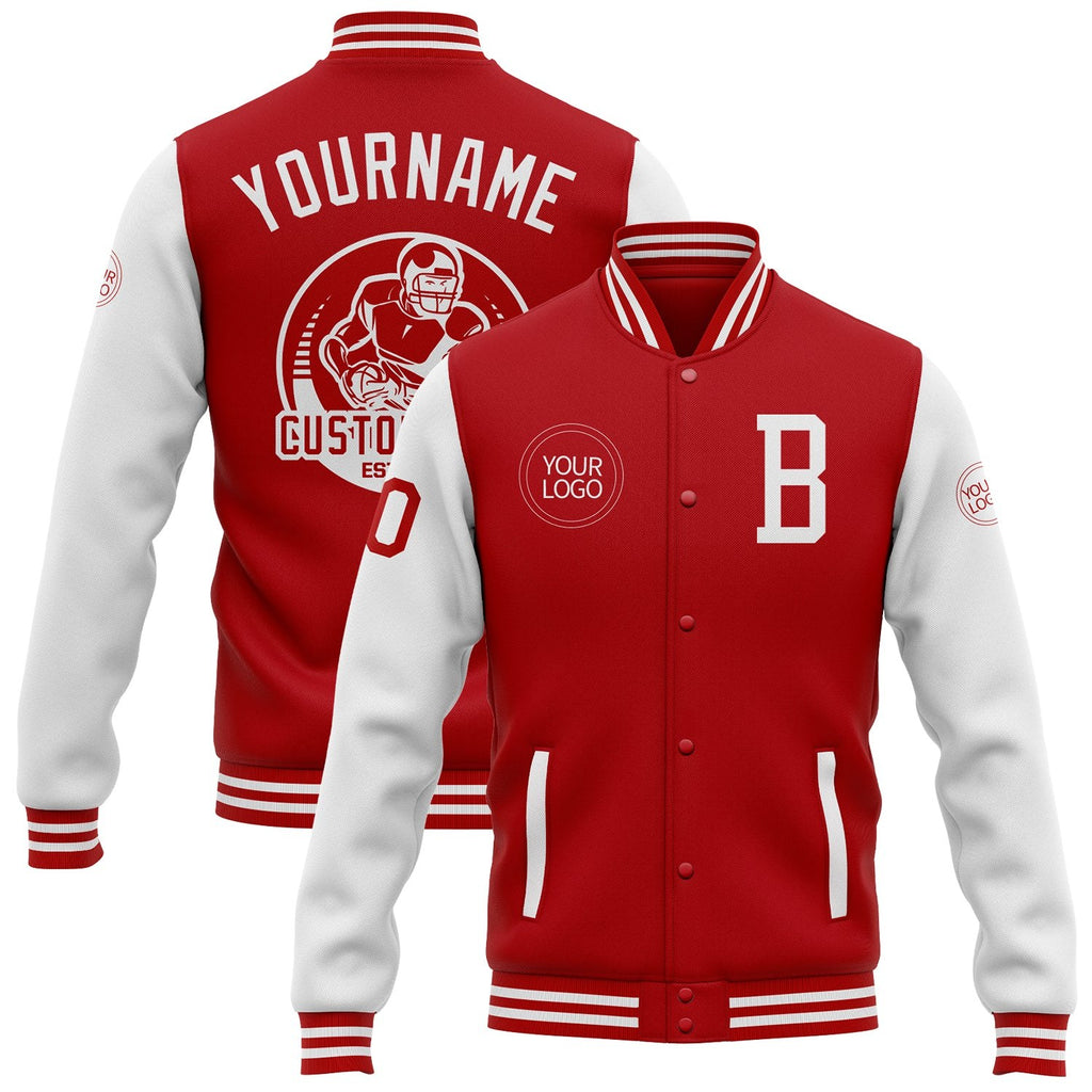 Custom Red White Bomber Full-Snap Varsity Letterman Two Tone Jacket photo 1