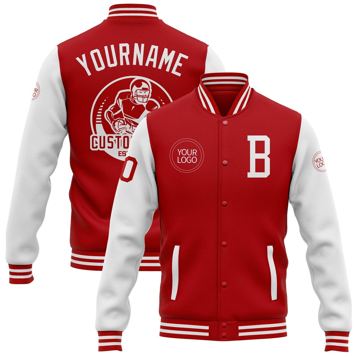 Custom Red White Bomber Full-Snap Varsity Letterman Two Tone Jacket photo 1