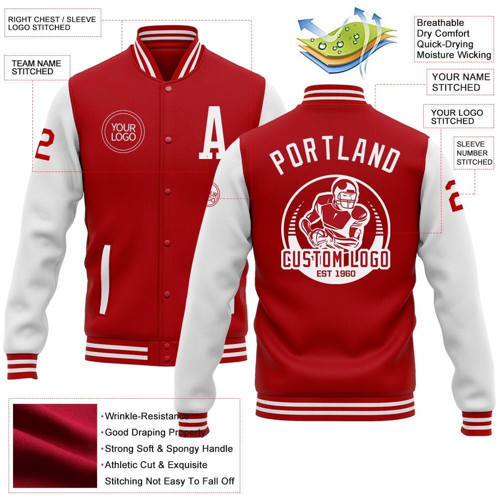Custom Red White Bomber Full-Snap Varsity Letterman Two Tone Jacket photo 5
