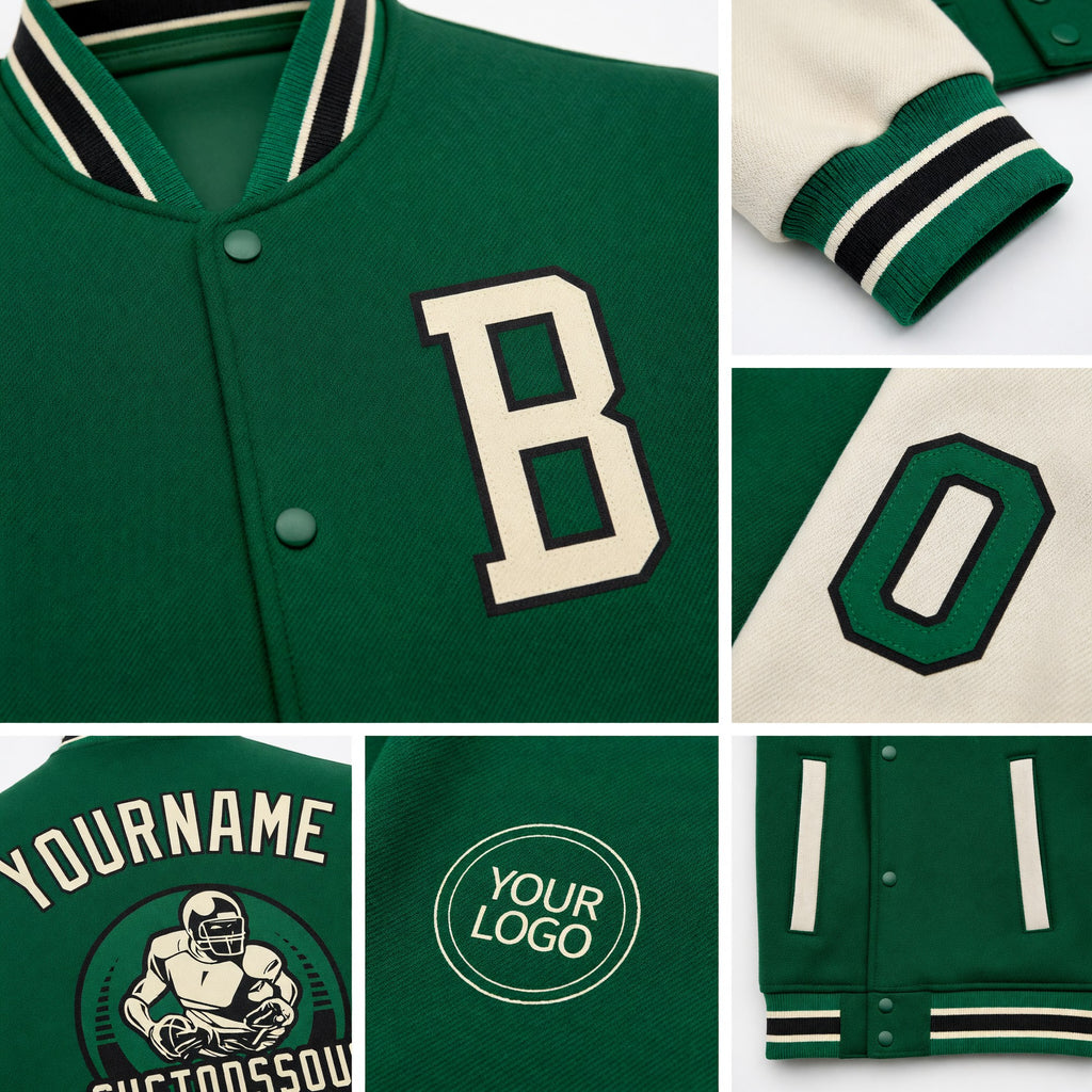 Custom Kelly Green Cream-Black Bomber Full-Snap Varsity Letterman Two Tone Jacket detail