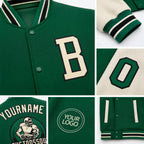 Custom Kelly Green Cream-Black Bomber Full-Snap Varsity Letterman Two Tone Jacket detail