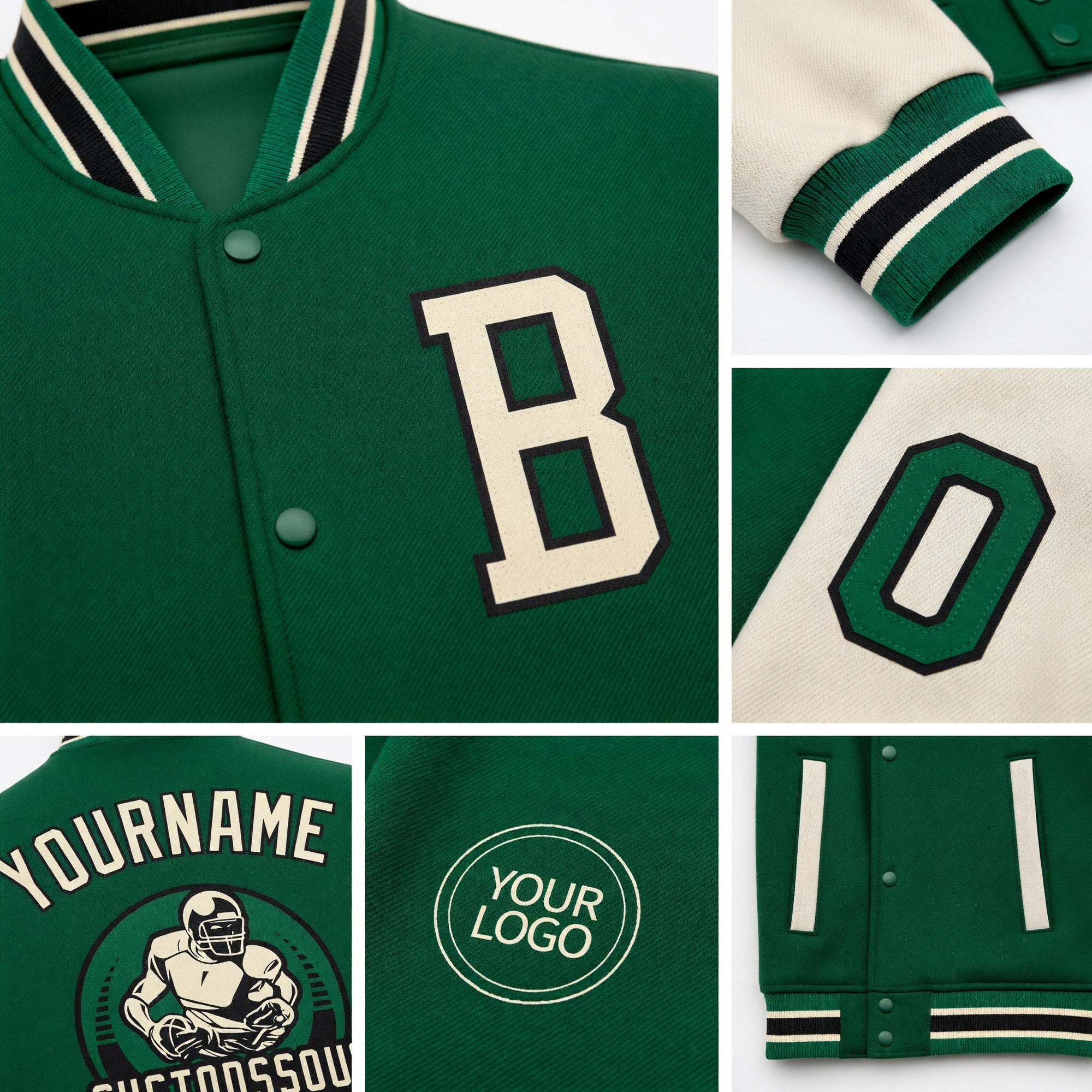 Custom Kelly Green Cream-Black Bomber Full-Snap Varsity Letterman Two Tone Jacket detail