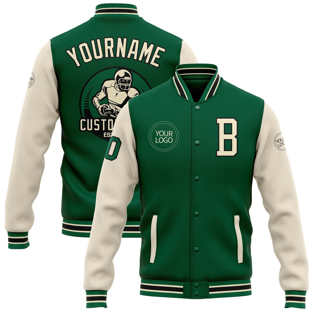 Custom Kelly Green Cream-Black Bomber Full-Snap Varsity Letterman Two Tone Jacket photo 1