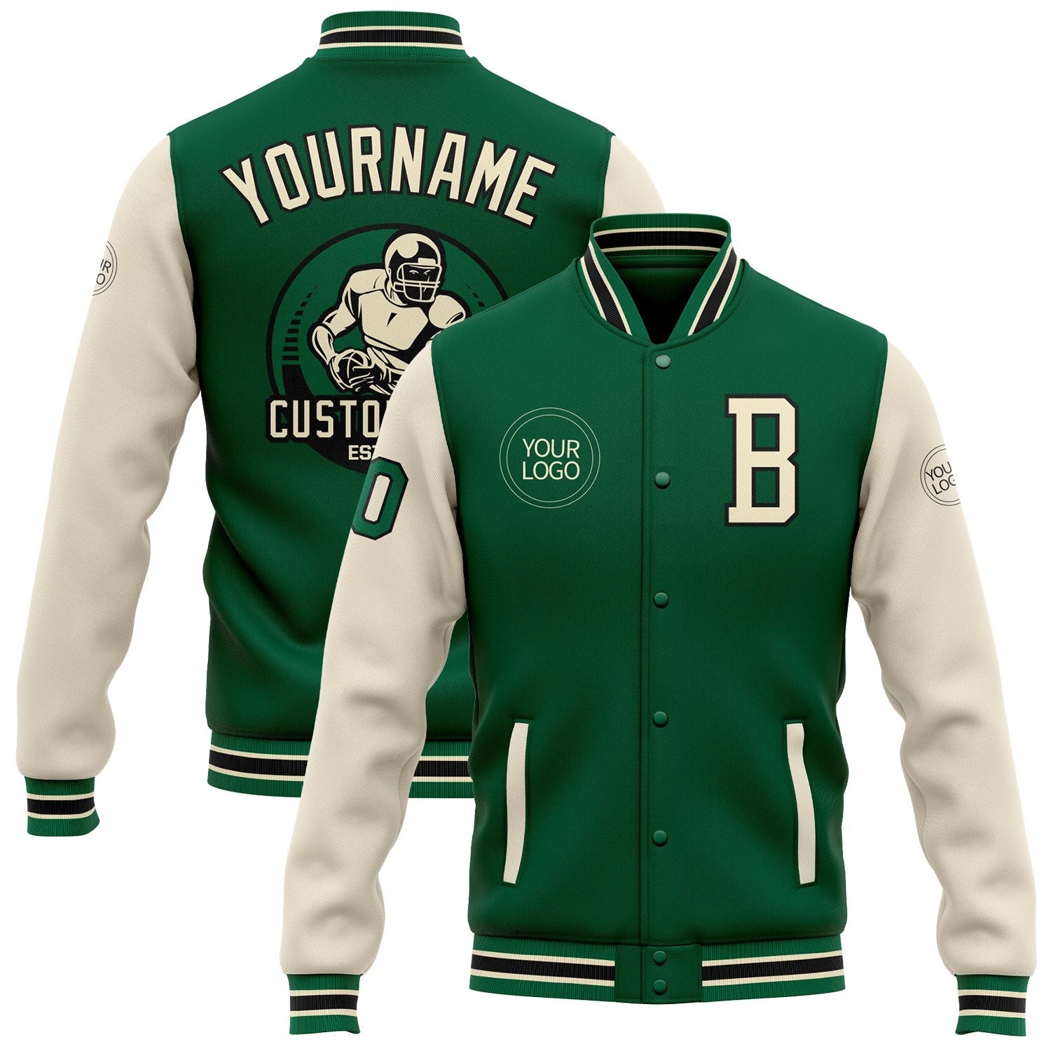 Custom Kelly Green Cream-Black Bomber Full-Snap Varsity Letterman Two Tone Jacket photo 1