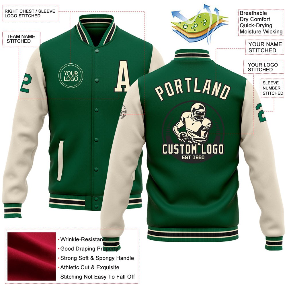 Custom Kelly Green Cream-Black Bomber Full-Snap Varsity Letterman Two Tone Jacket photo 5