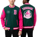 Custom Kelly Green Pink-White Bomber Full-Snap Varsity Letterman Two Tone Jacket worn front and back