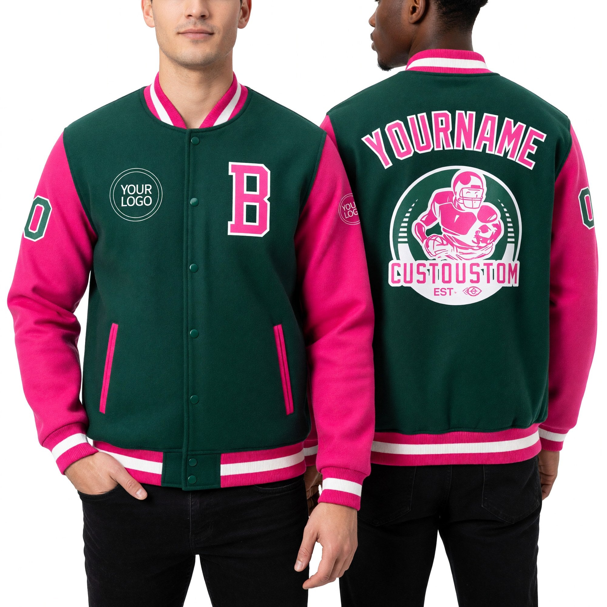 Custom Kelly Green Pink-White Bomber Full-Snap Varsity Letterman Two Tone Jacket worn front and back