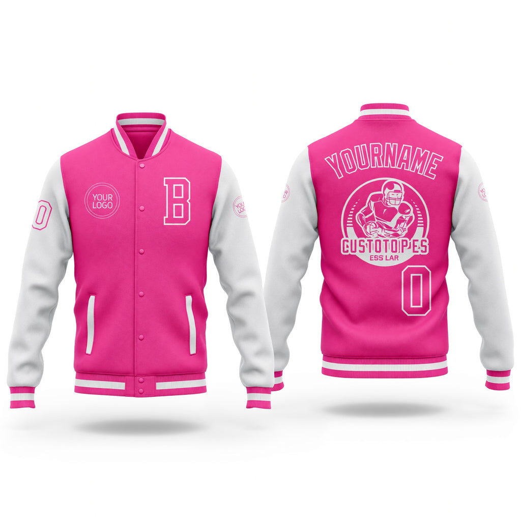 Custom Pink White Bomber Full-Snap Varsity Letterman Two Tone Jacket