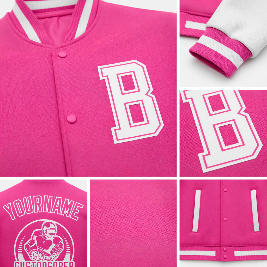 Custom Pink White Bomber Full-Snap Varsity Letterman Two Tone Jacket detail