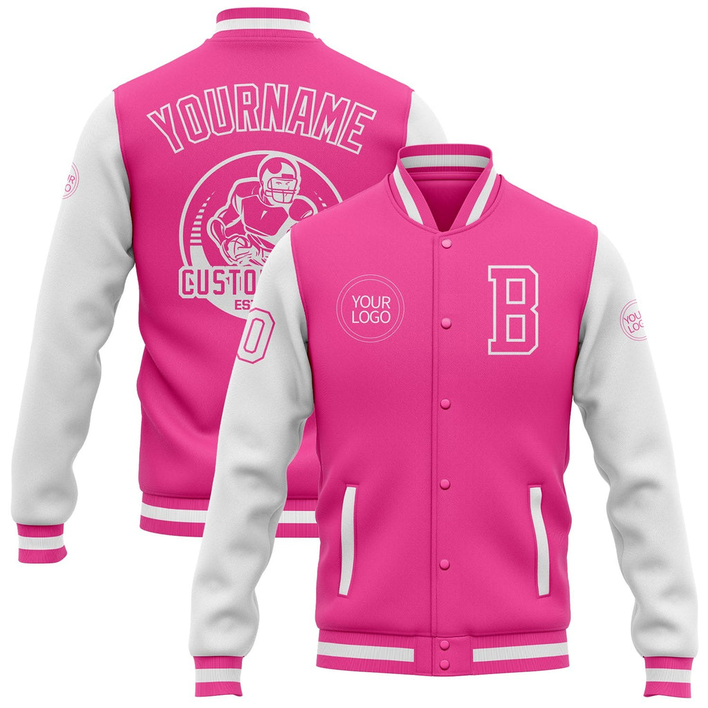 Custom Pink White Bomber Full-Snap Varsity Letterman Two Tone Jacket photo 1