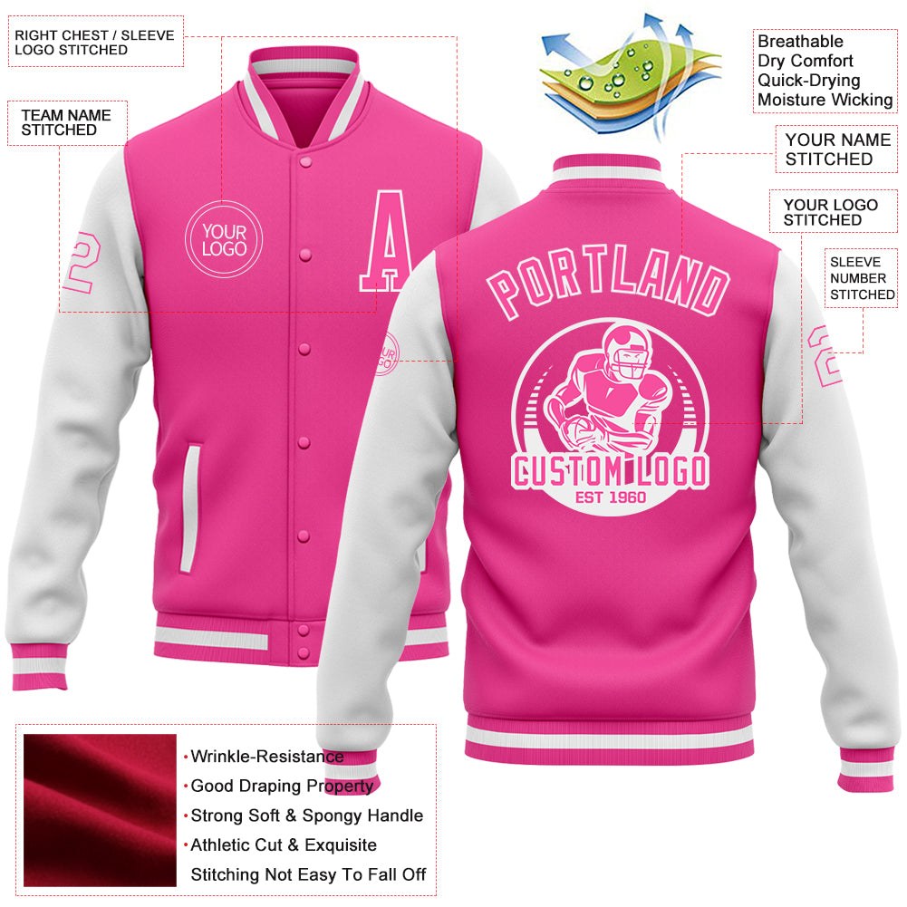 Custom Pink White Bomber Full-Snap Varsity Letterman Two Tone Jacket photo 5
