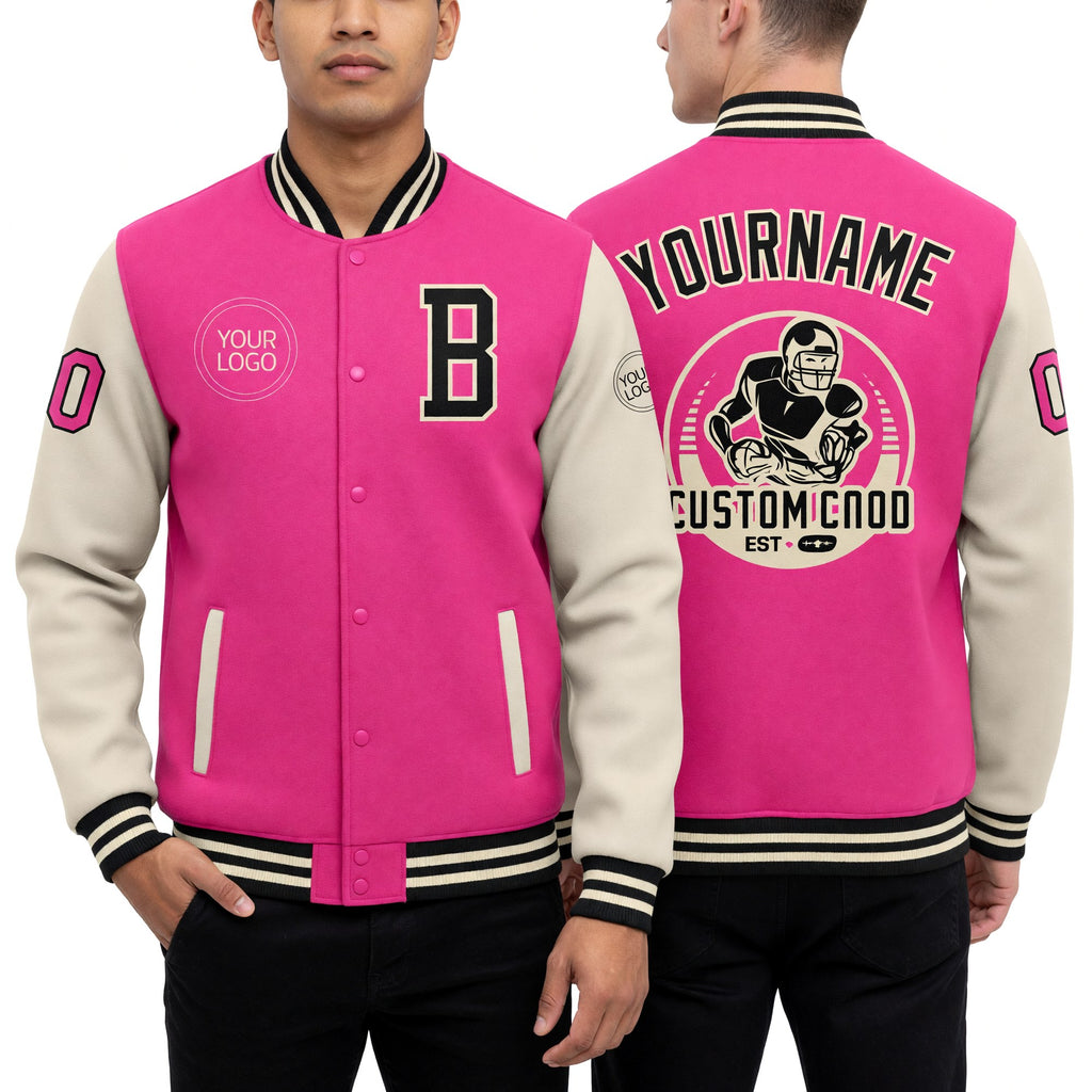 Custom Pink Black-Cream Bomber Full-Snap Varsity Letterman Two Tone Jacket worn front and back