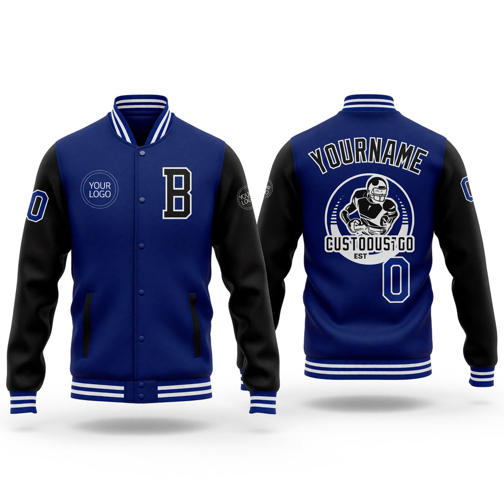 Custom Royal Black-White Bomber Full-Snap Varsity Letterman Two Tone Jacket